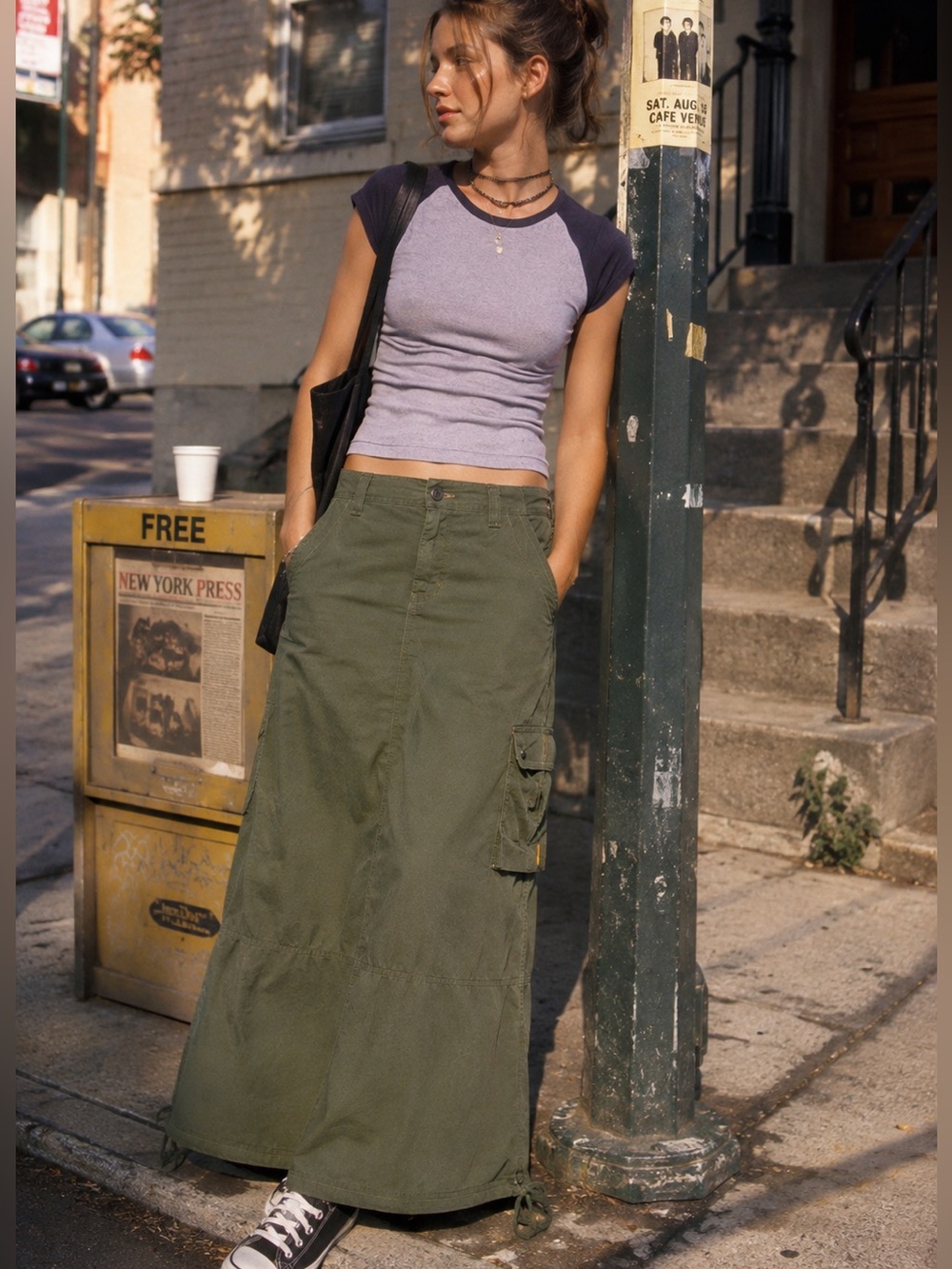Vintage American Eagle Olive Cargo Maxi Skirt Size 2 90s Utility